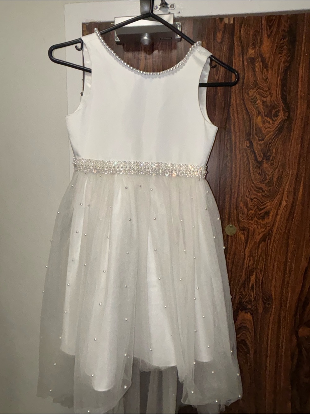 Girls White Pearl-Accent Tulle Dress
